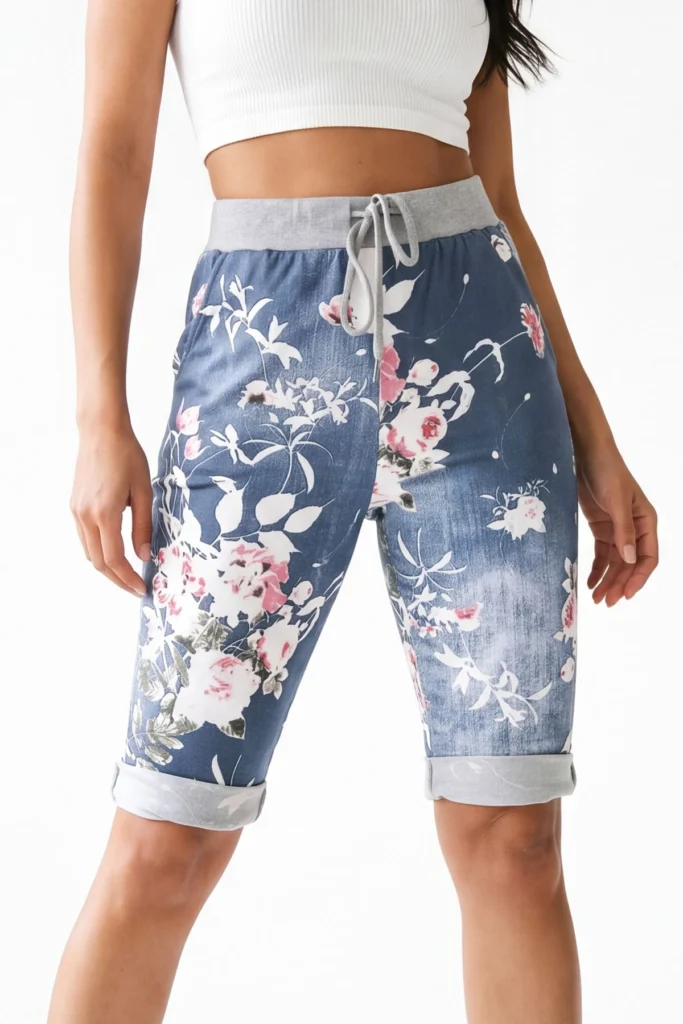 Italian Floral Print Stretch Waist Cropped Trousers