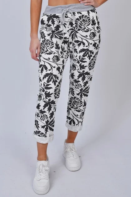 Italian Leaf Print Trousers with Elasticated Drawstring Waist