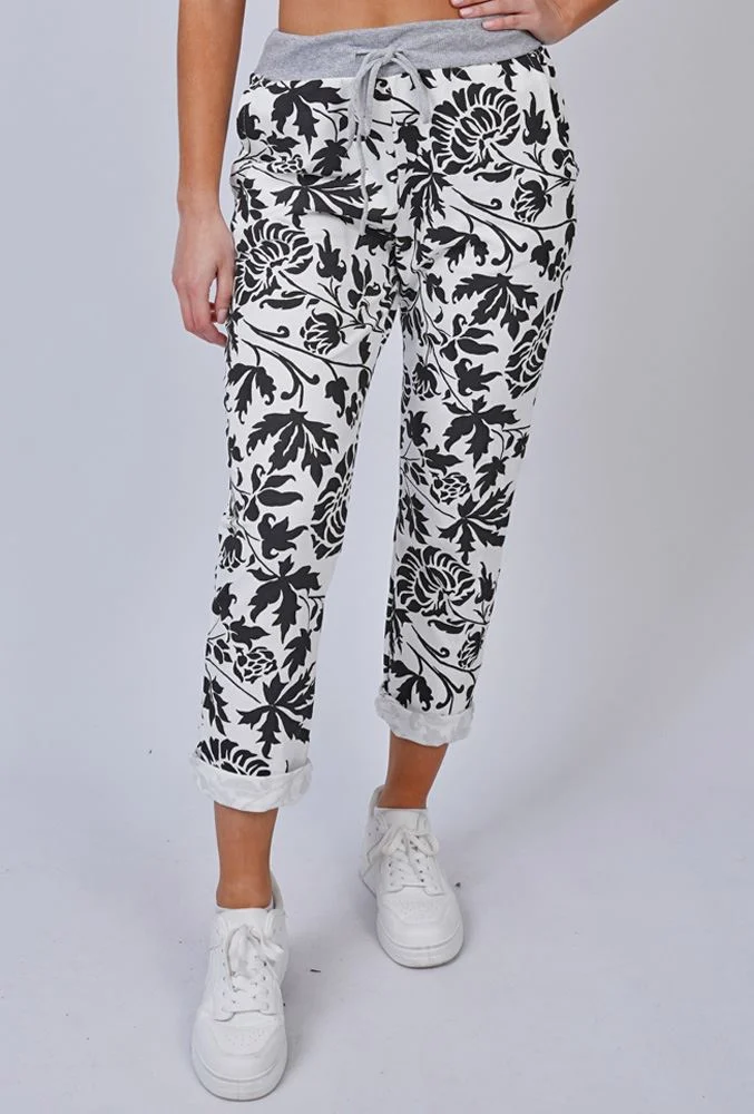 Italian Leaf Print Trousers with Elasticated Drawstring Waist