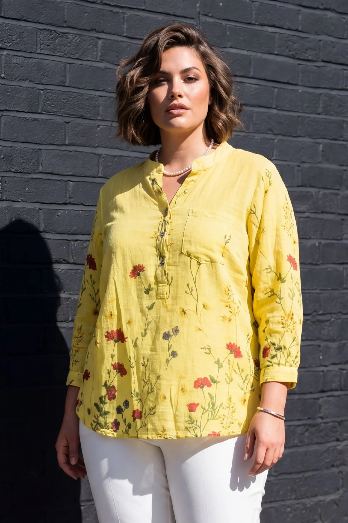 Ladies Floral Button Down Cotton Pocket Top