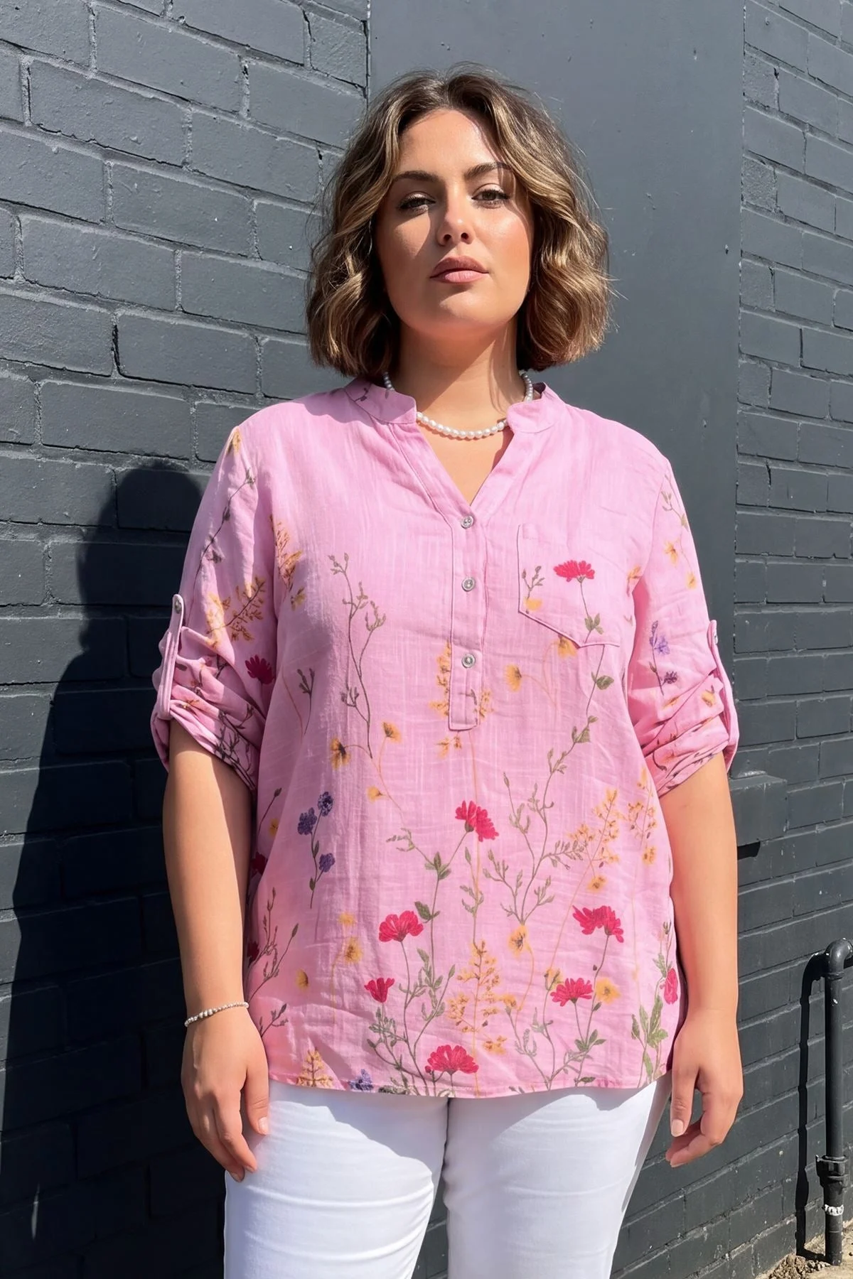 Ladies Floral Button Down Cotton Pocket Top