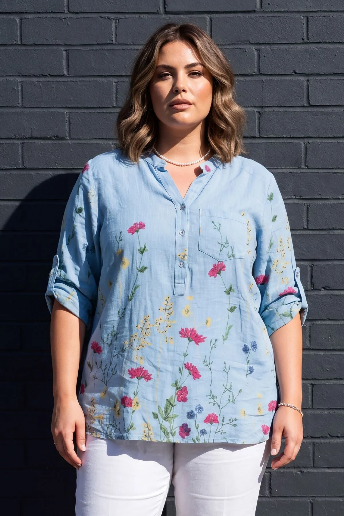 Ladies Floral Button Down Cotton Pocket Top