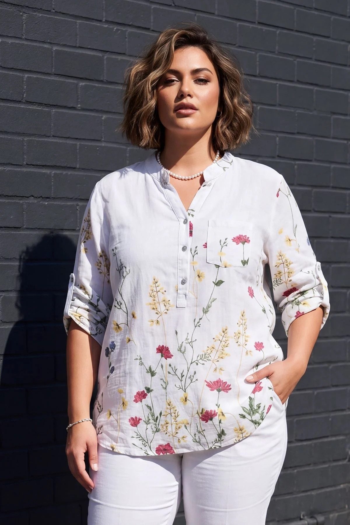 Ladies Floral Button Down Cotton Pocket Top