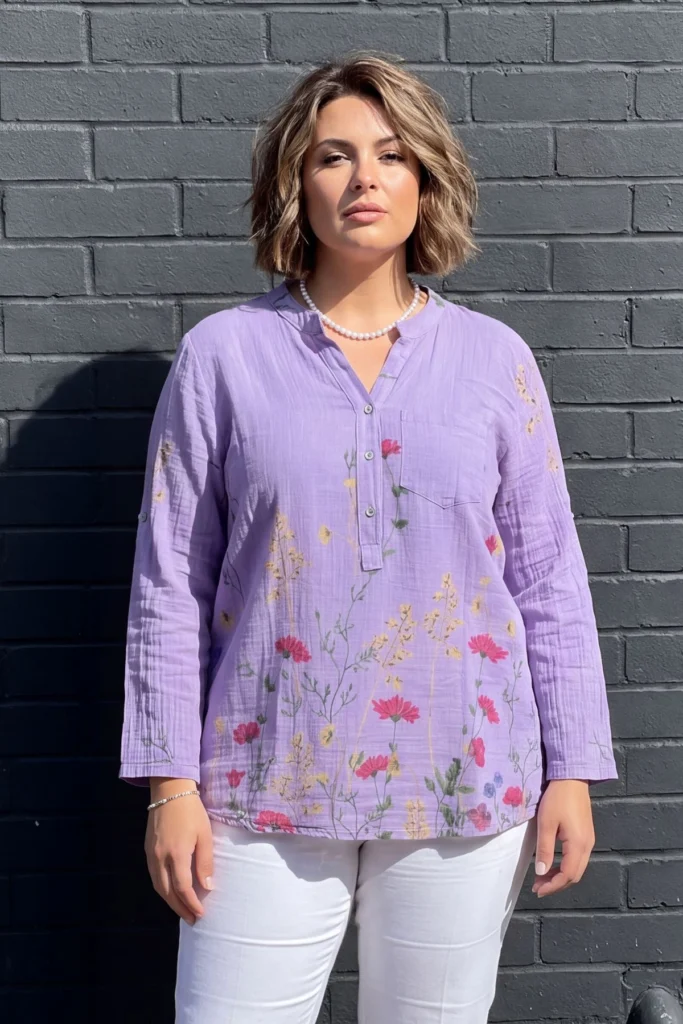 Ladies Floral Button Down Cotton Pocket Top