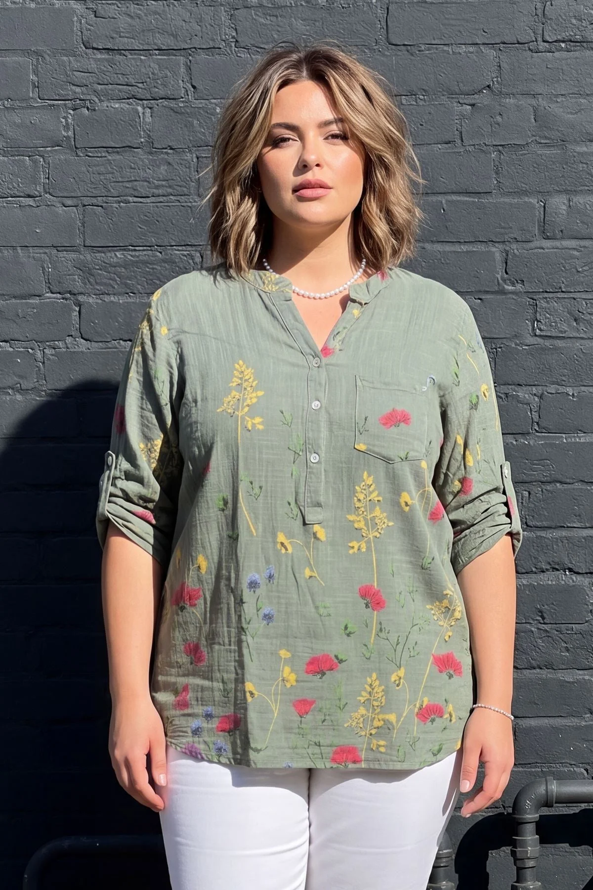 Ladies Floral Button Down Cotton Pocket Top