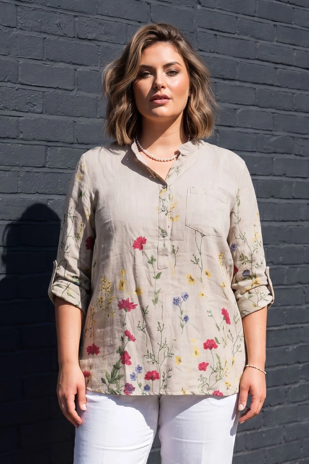Ladies Floral Button Down Cotton Pocket Top