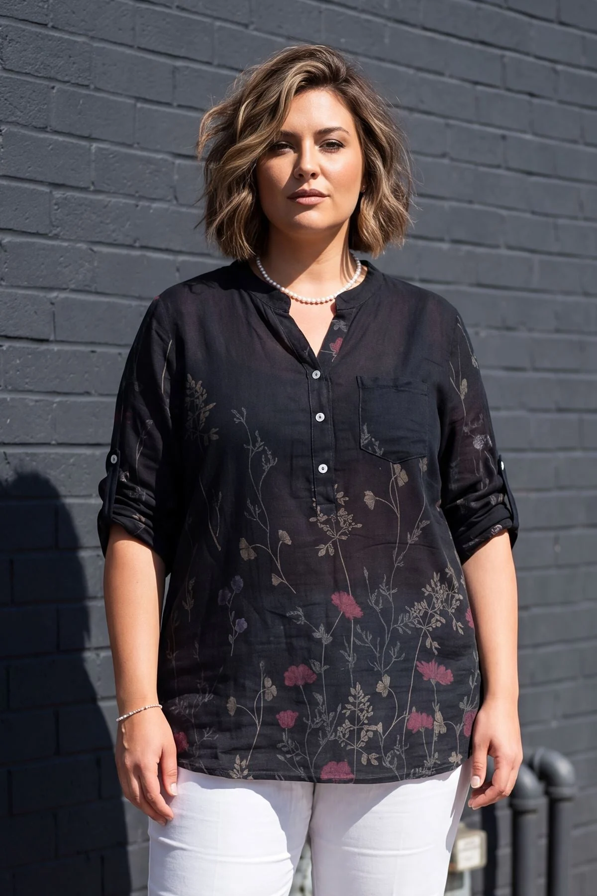 Ladies Floral Button Down Cotton Pocket Top