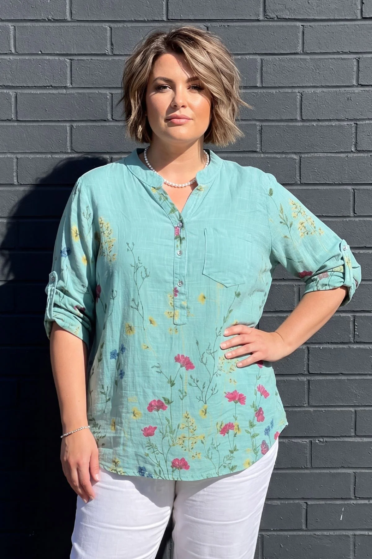 Ladies Floral Button Down Cotton Pocket Top