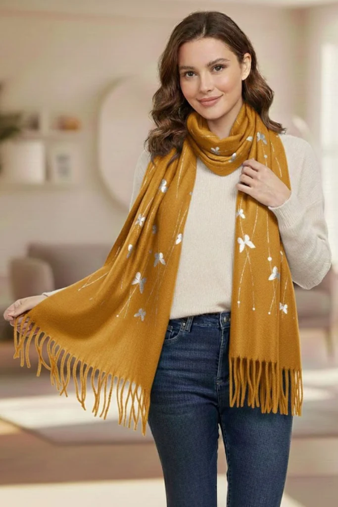 Ladies Foil Butterfly Print Tassel Scarf