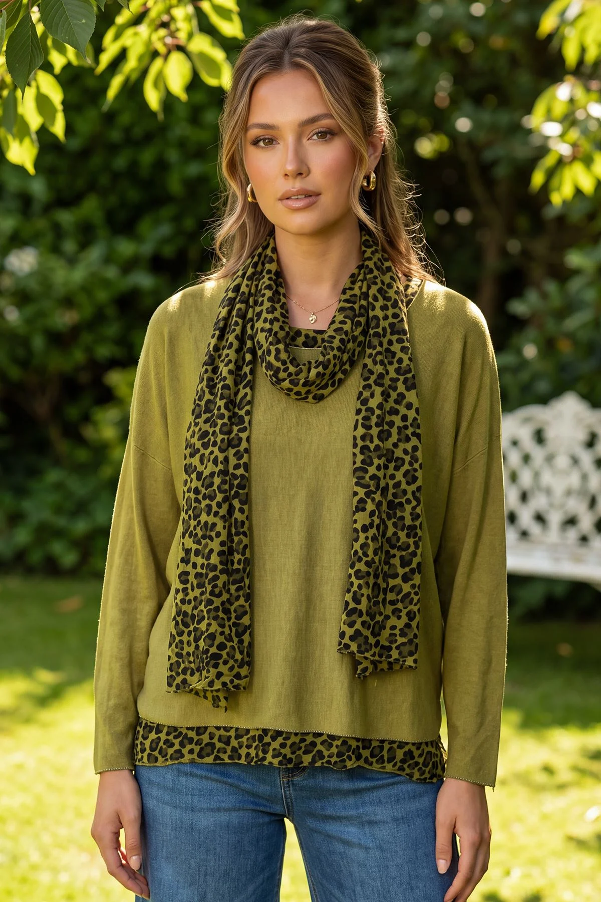 Layered Scarf Leopard Print Top