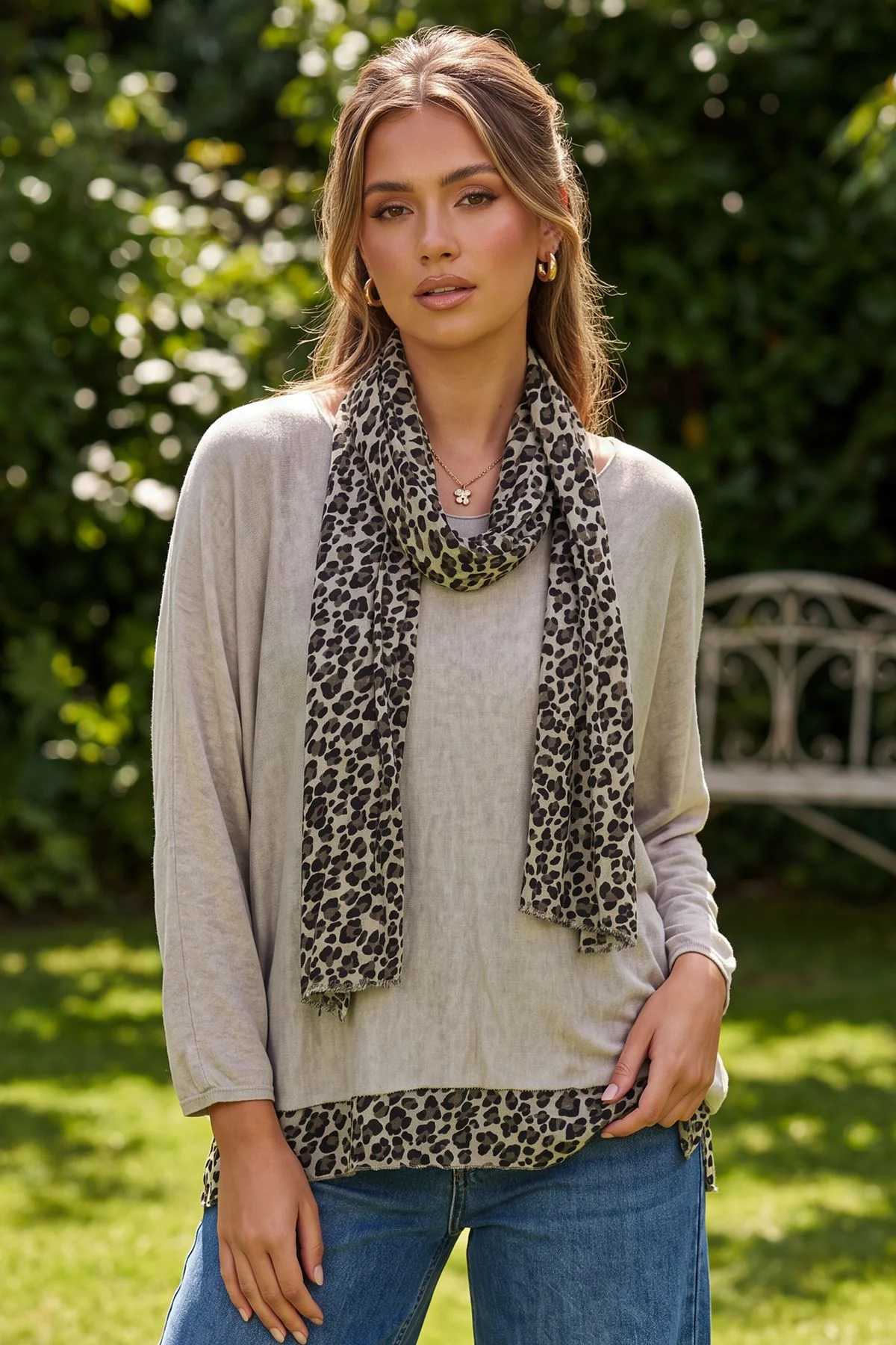 Layered Scarf Leopard Print Top