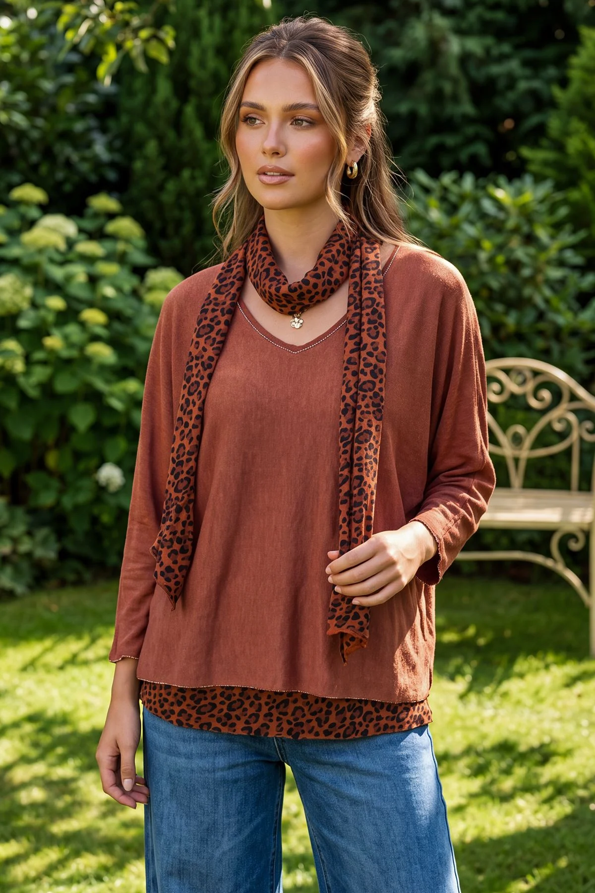 Layered Scarf Leopard Print Top