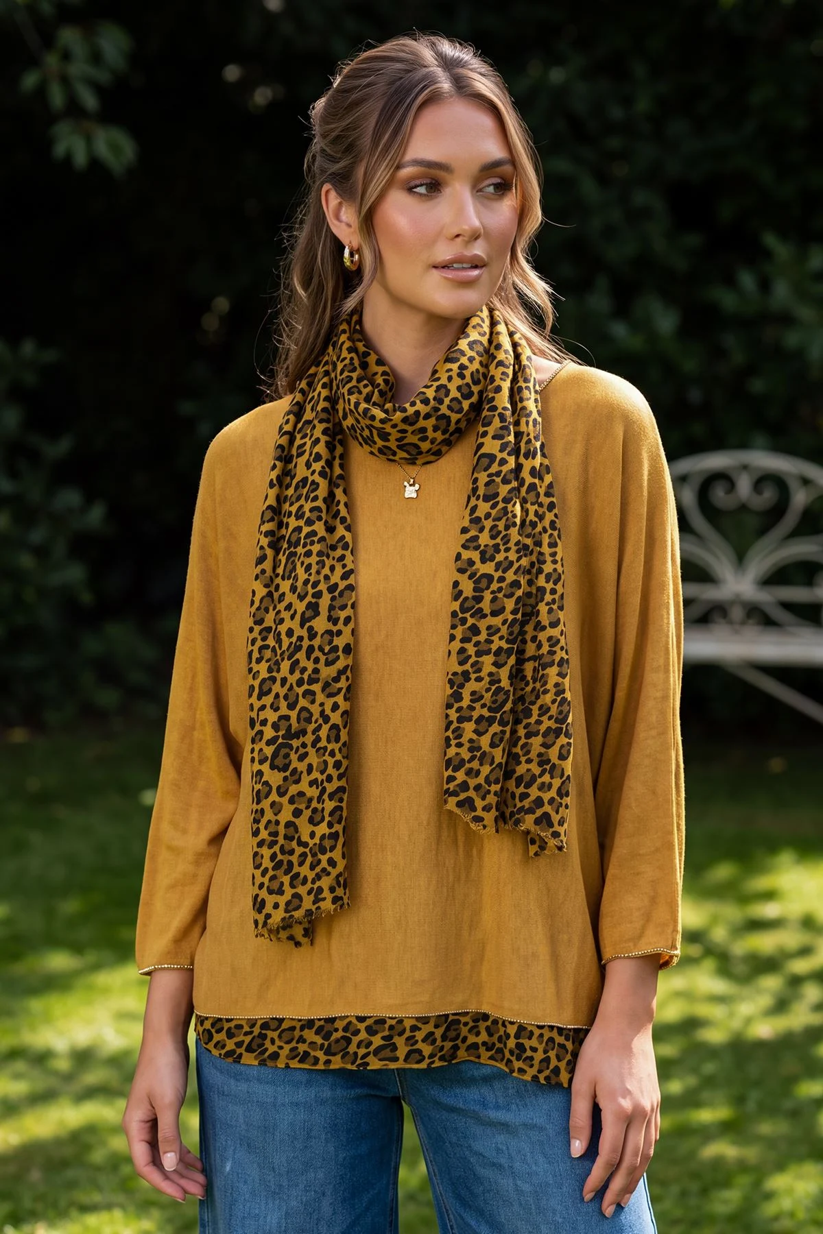 Layered Scarf Leopard Print Top