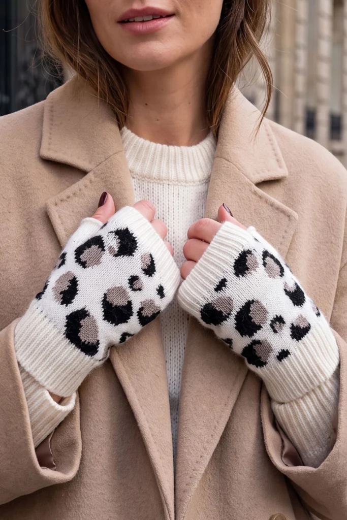 Leopard Print Knitted Fingerless Gloves