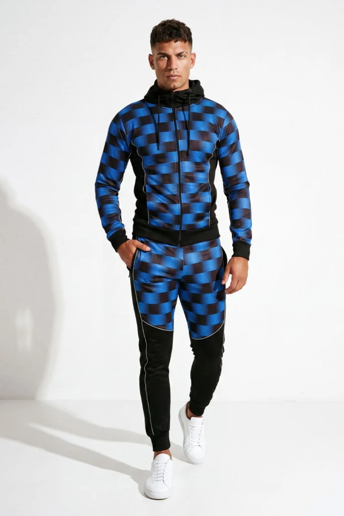 Mens Check Print Hooded Zip Through Tracksuit