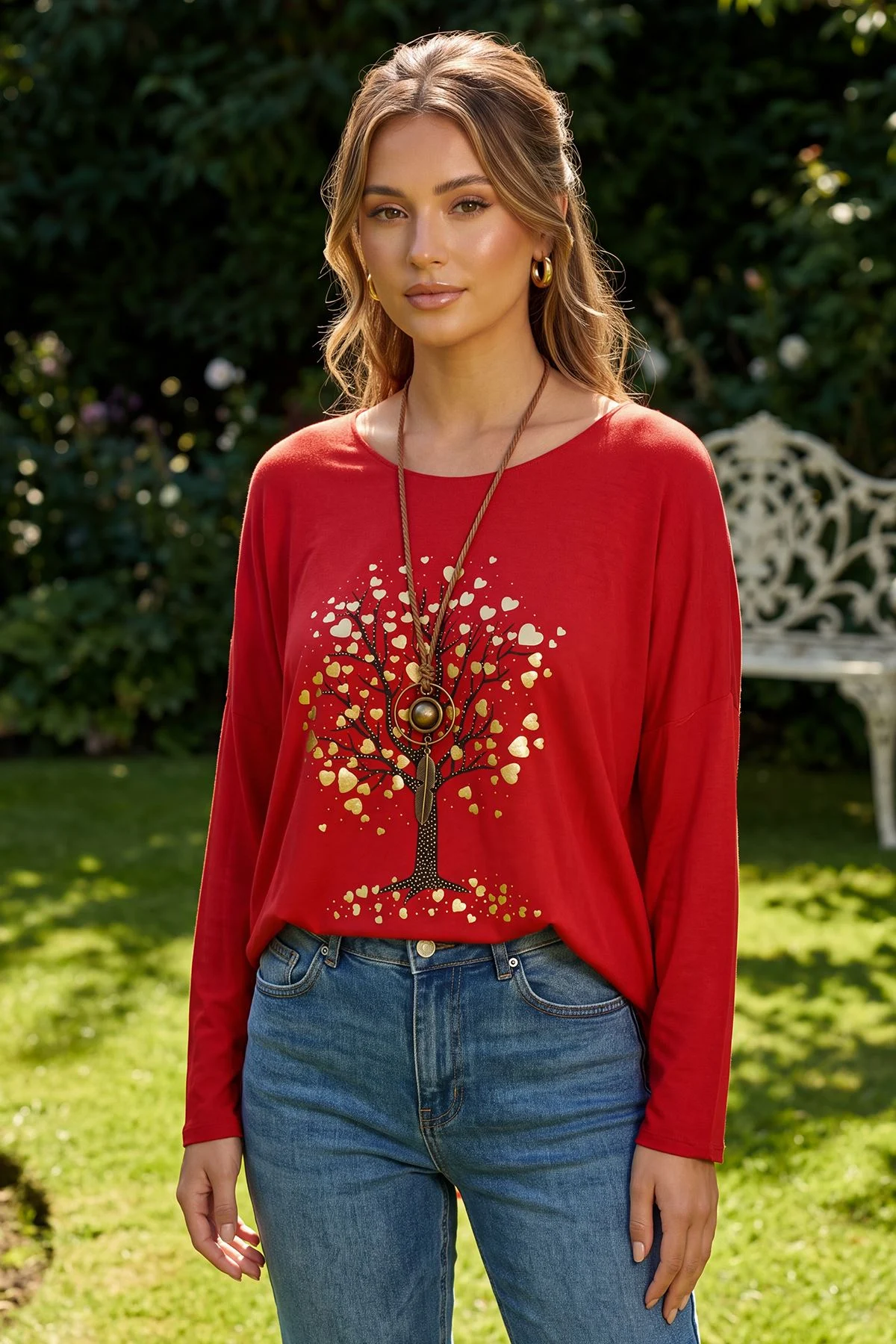Metallic Tree Print High Low Hem Top