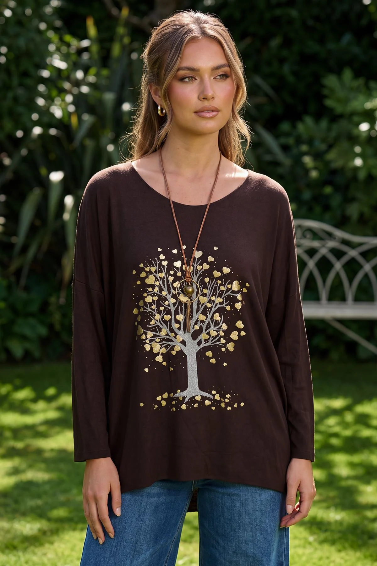 Metallic Tree Print High Low Hem Top