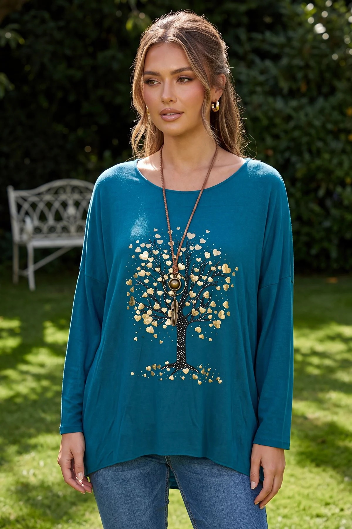 Metallic Tree Print High Low Hem Top