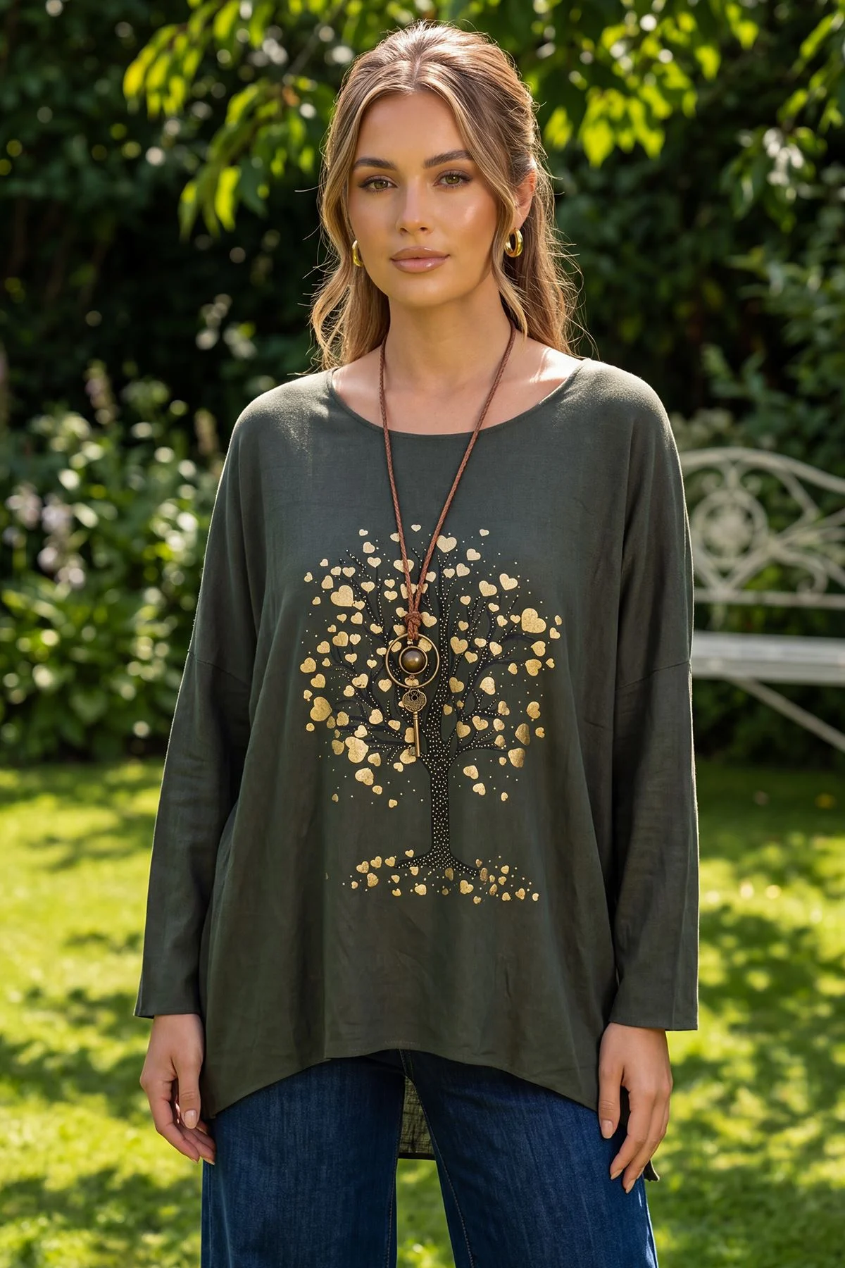 Metallic Tree Print High Low Hem Top