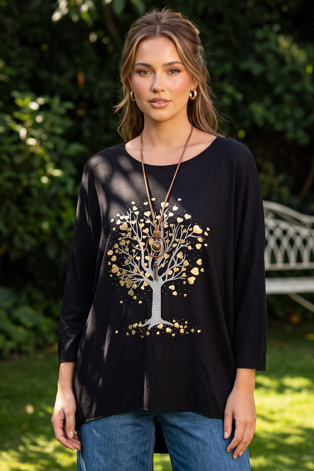 Metallic Tree Print High Low Hem Top