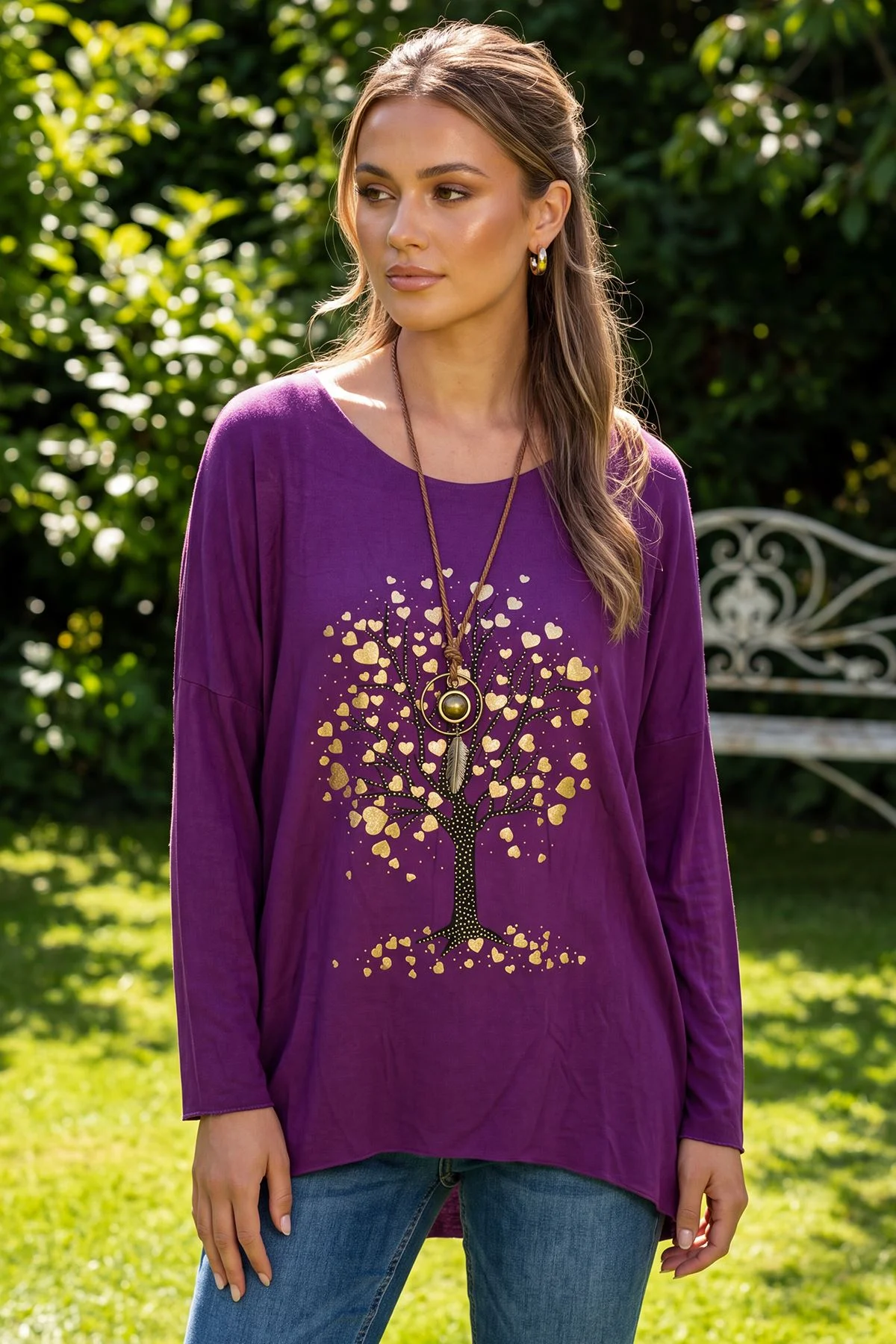 Metallic Tree Print High Low Hem Top