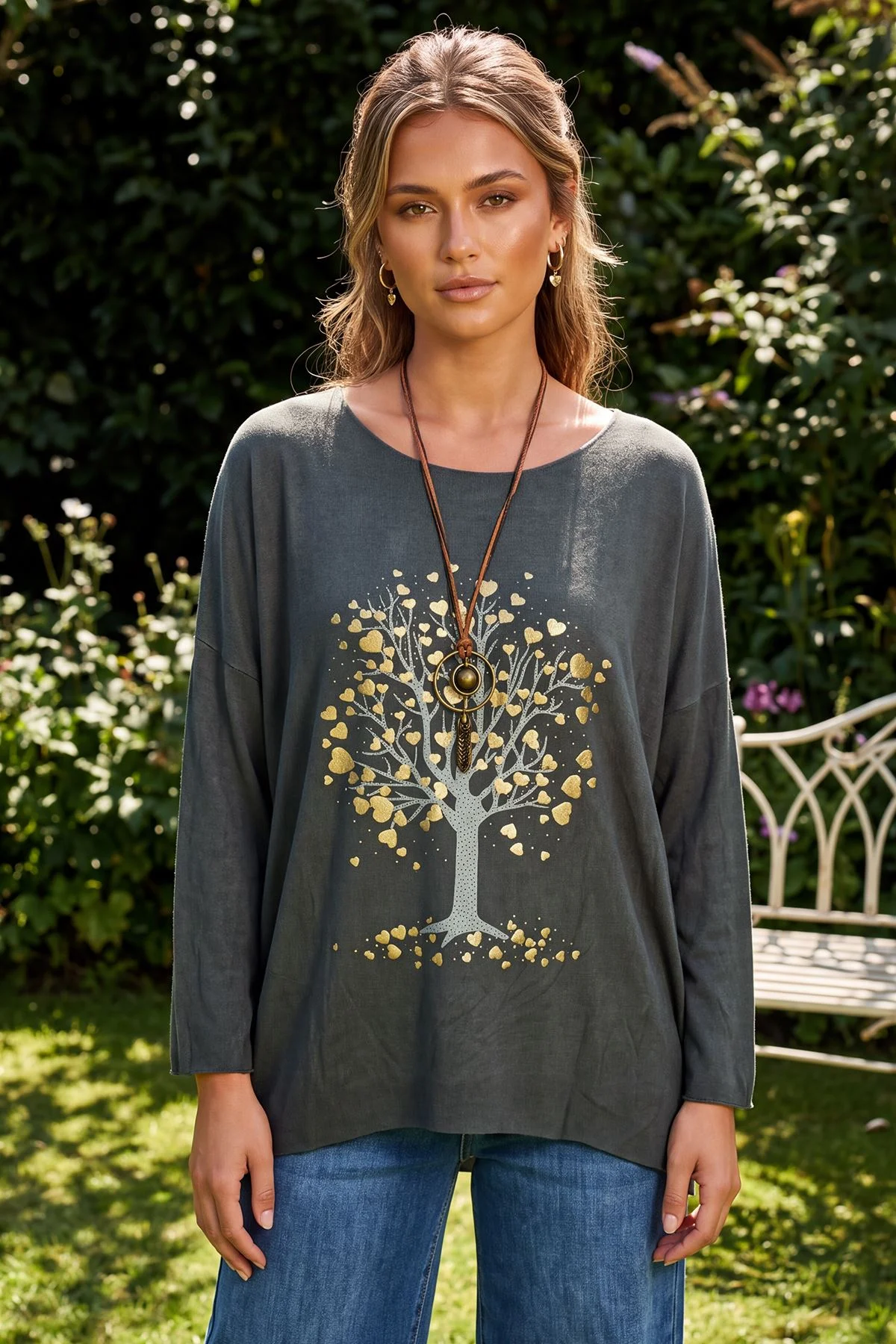 Metallic Tree Print High Low Hem Top