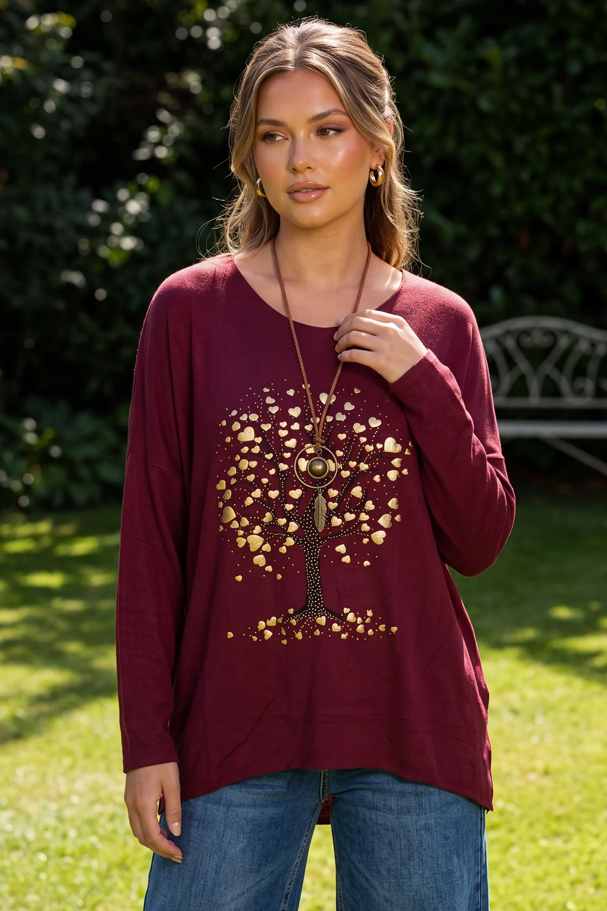 Metallic Tree Print High Low Hem Top