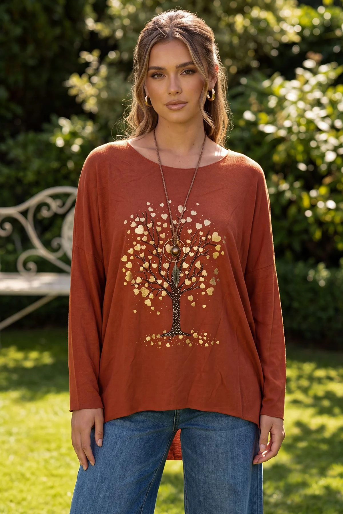 Metallic Tree Print High Low Hem Top