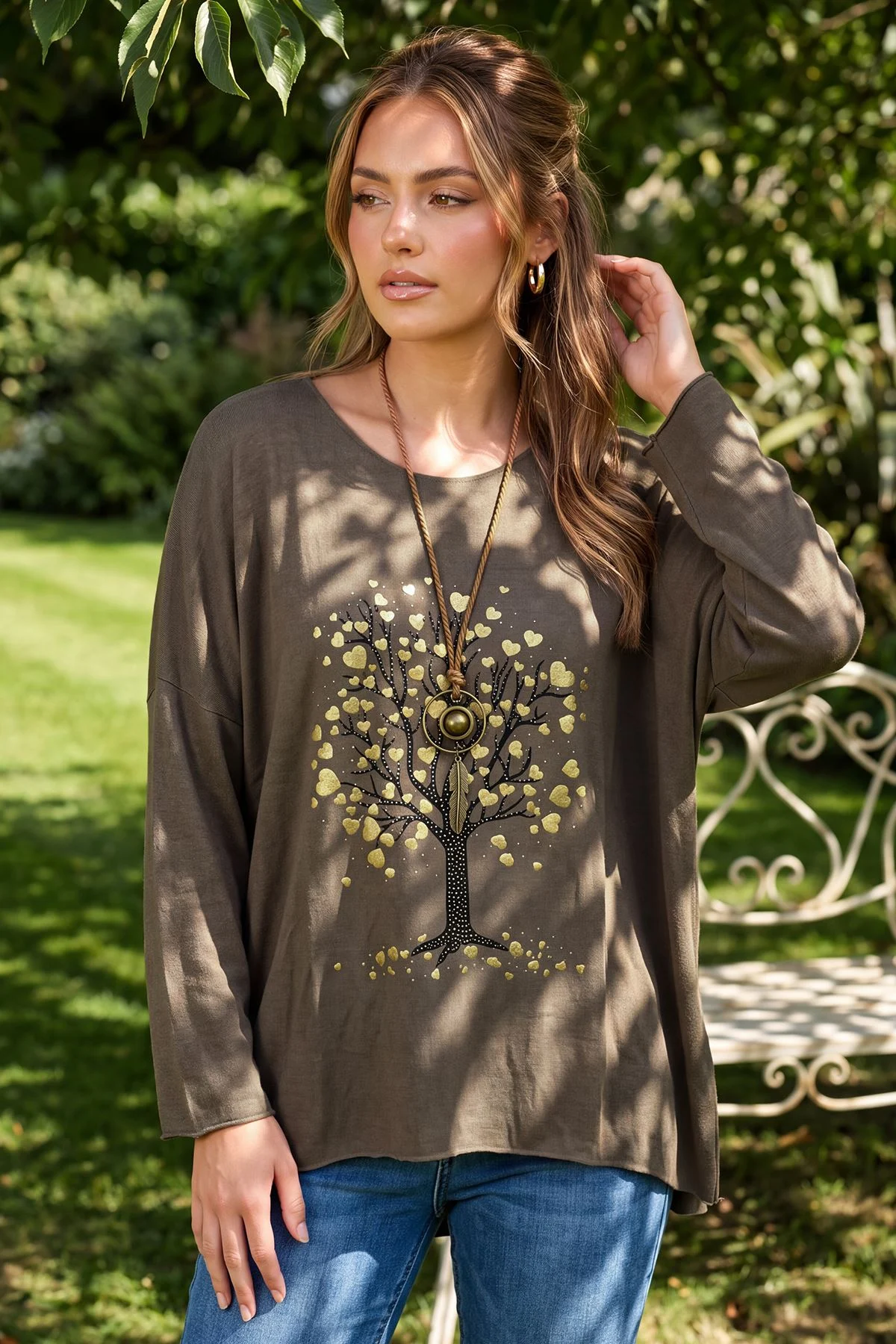 Metallic Tree Print High Low Hem Top