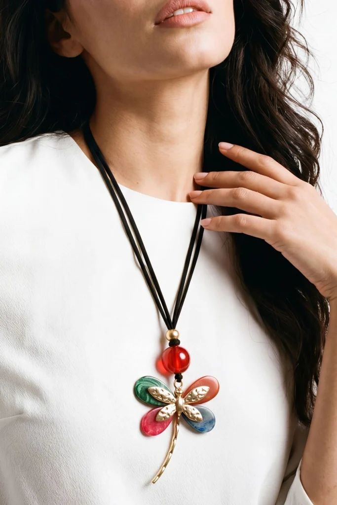 Multi Stone Dragonfly Pendant Necklace