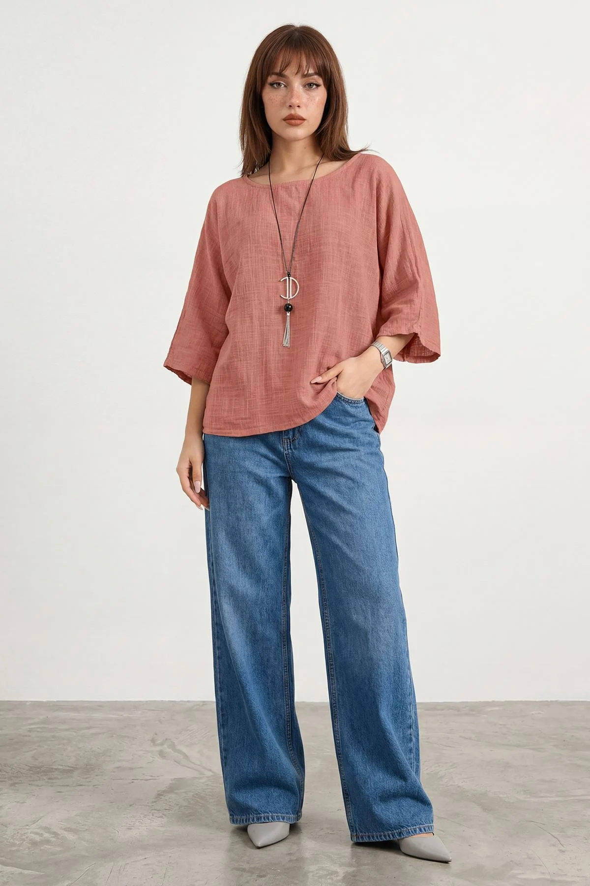 Oversized Plain Necklace Tunic Top