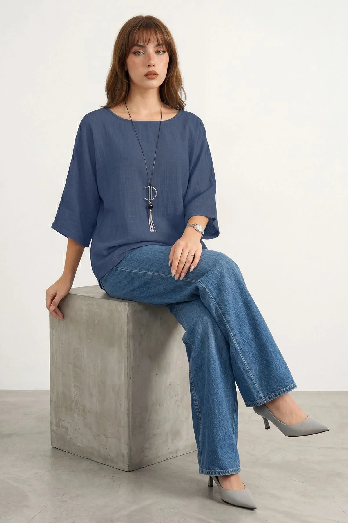 Oversized Plain Necklace Tunic Top
