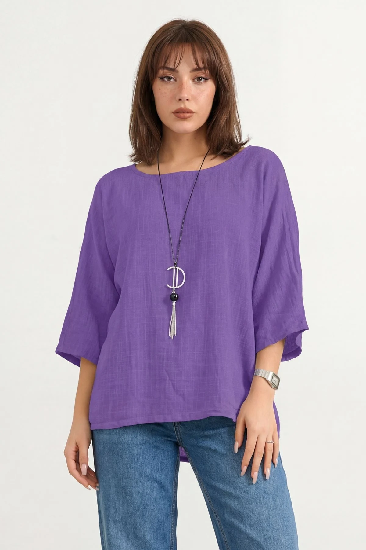 Oversized Plain Necklace Tunic Top