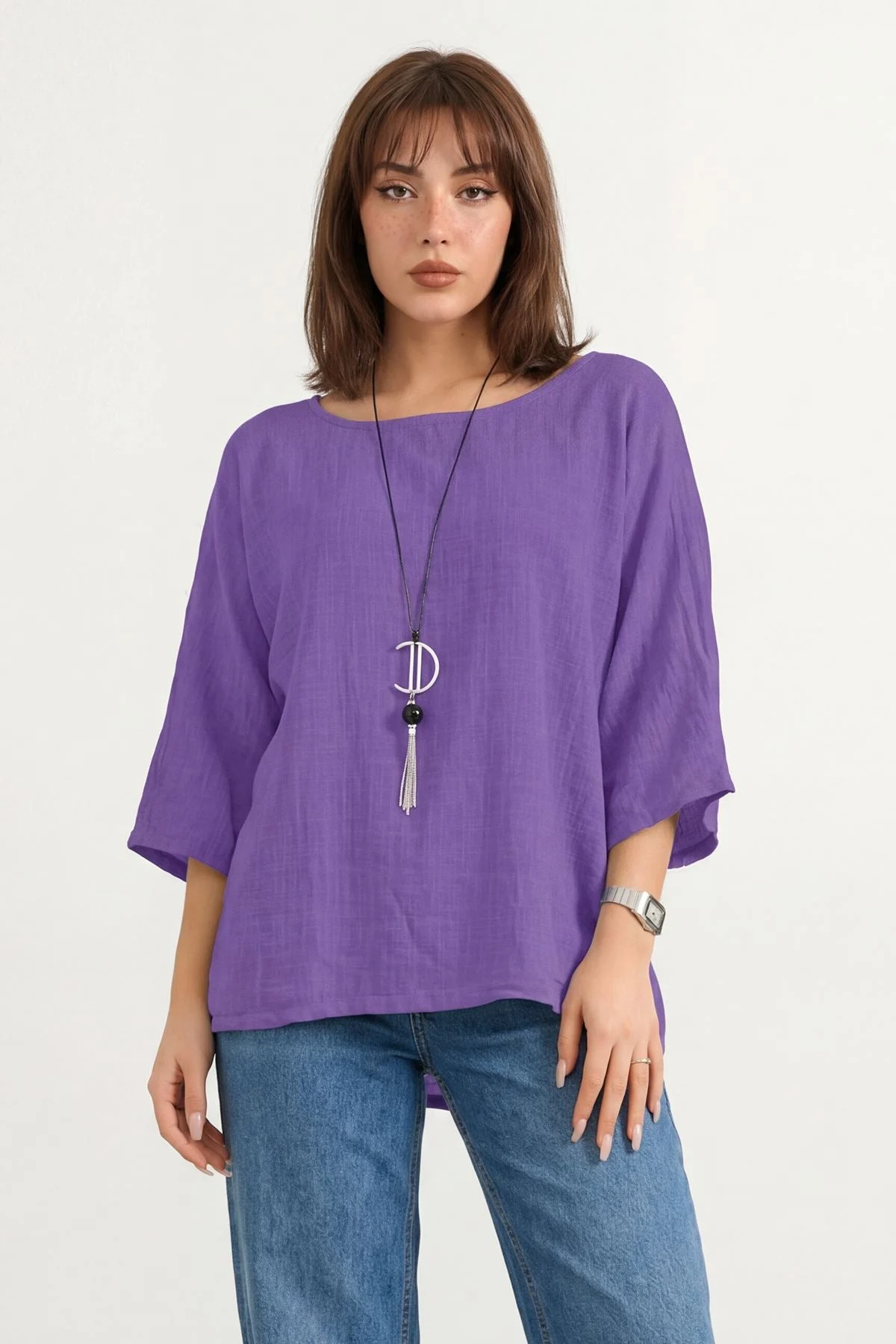 Oversized Plain Necklace Tunic Top