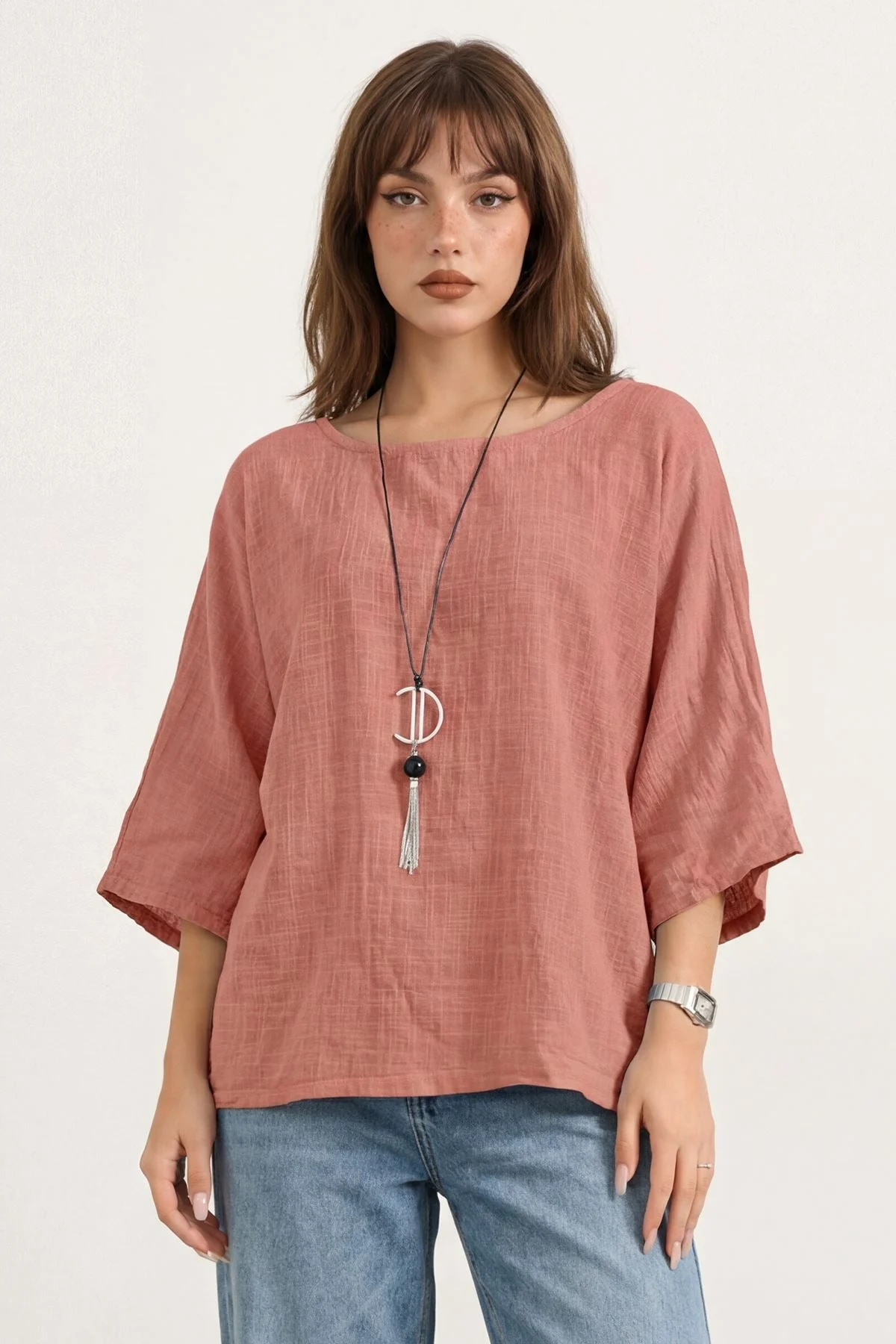 Oversized Plain Necklace Tunic Top