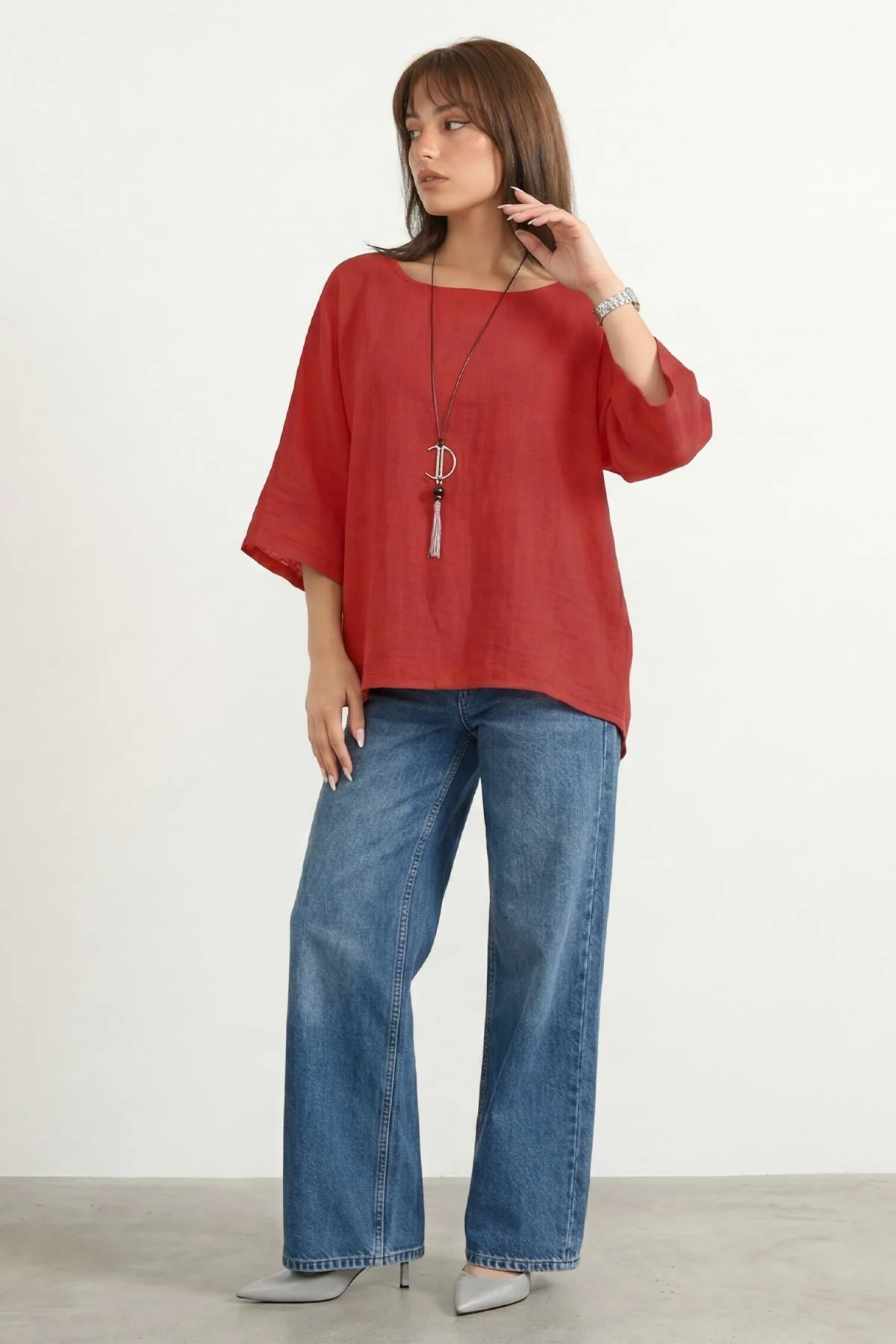 Oversized Plain Necklace Tunic Top