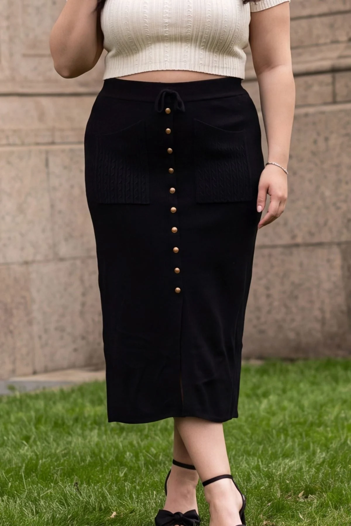 Plain Drawstring Waist Knit Skirt
