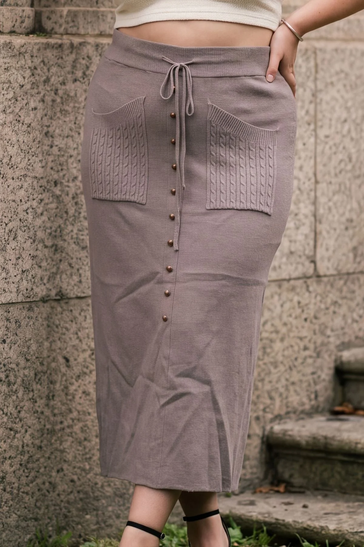 Plain Drawstring Waist Knit Skirt