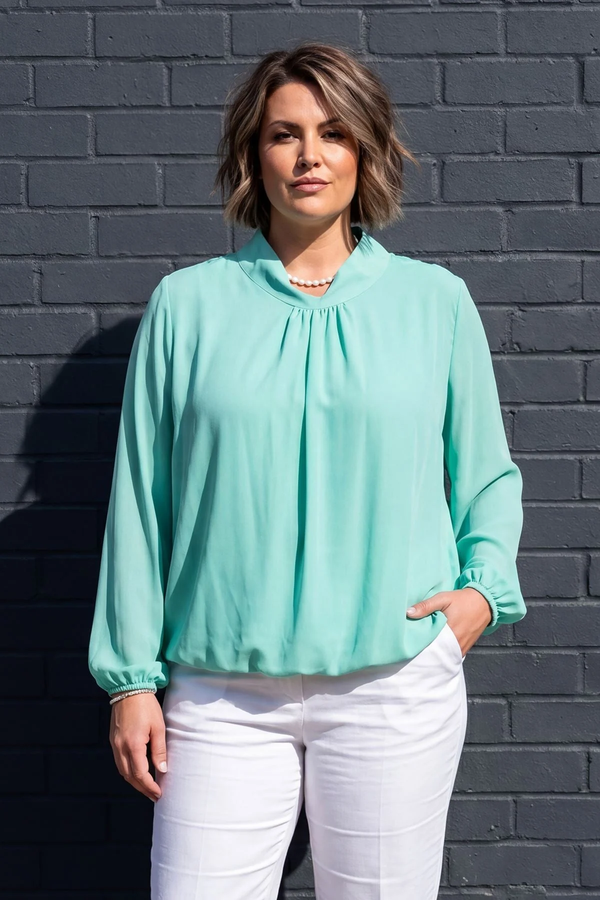 Plain Long Sleeve Viscose Top with Elasticated Hemline