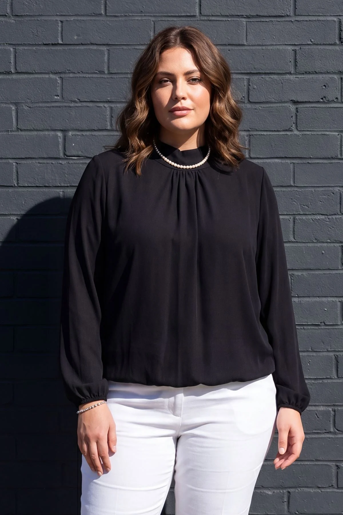 Plain Long Sleeve Viscose Top with Elasticated Hemline