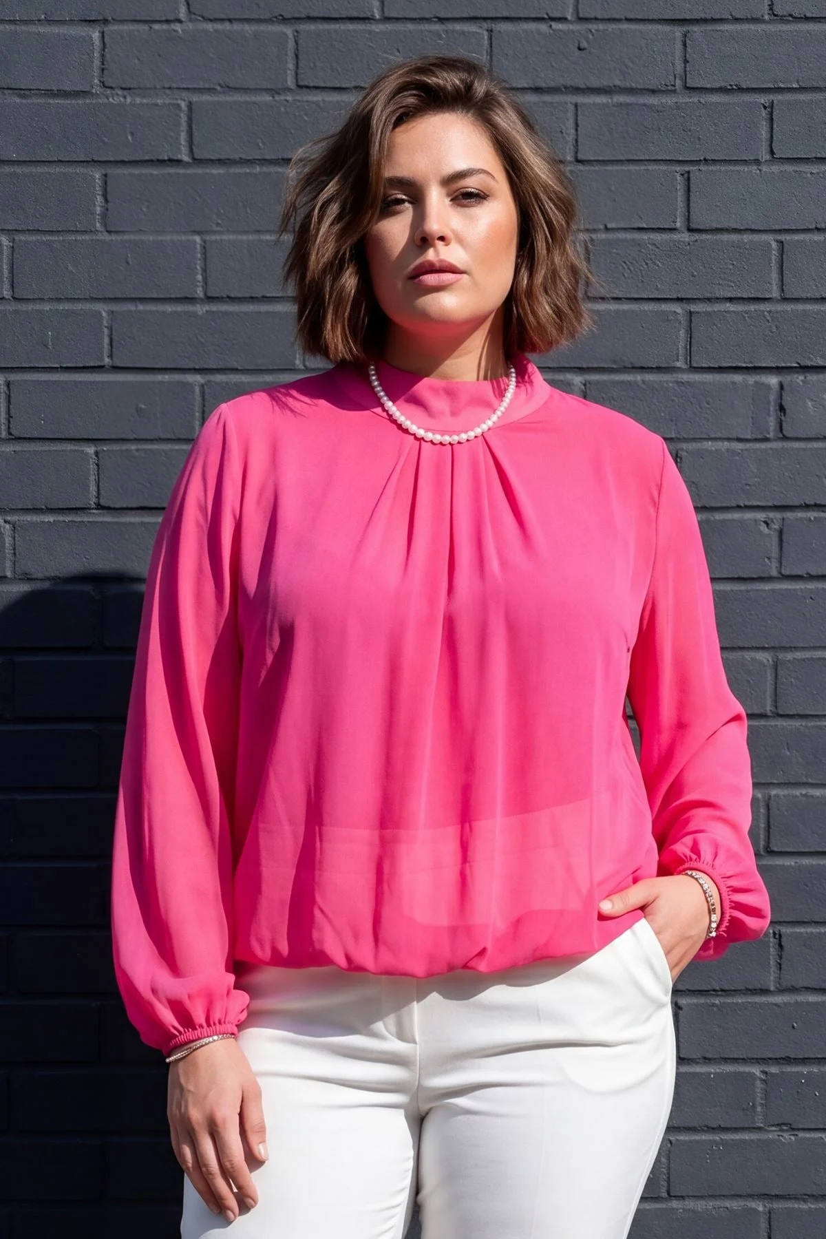 Plain Long Sleeve Viscose Top with Elasticated Hemline