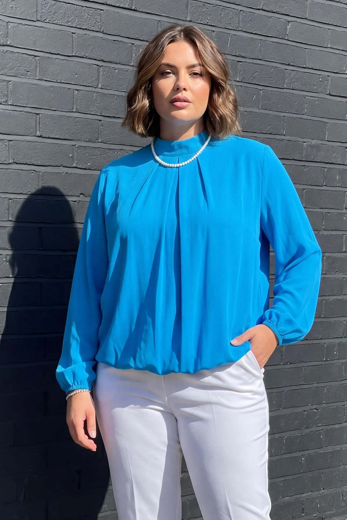 Plain Long Sleeve Viscose Top with Elasticated Hemline