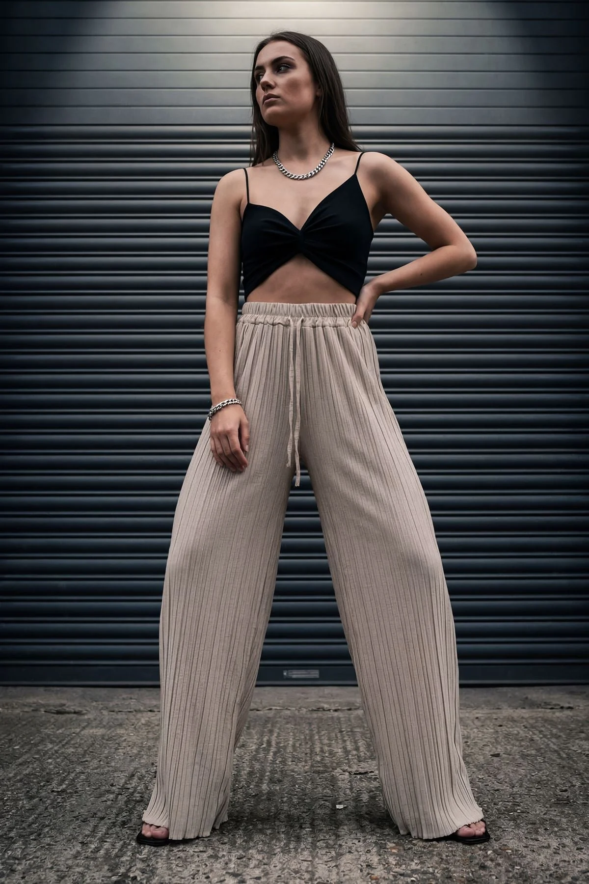 Plain Pleated Wide Leg Trousers with Elasticated Waistband