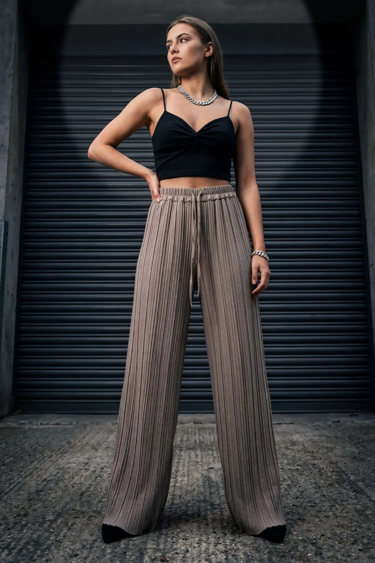 Plain Pleated Wide Leg Trousers with Elasticated Waistband