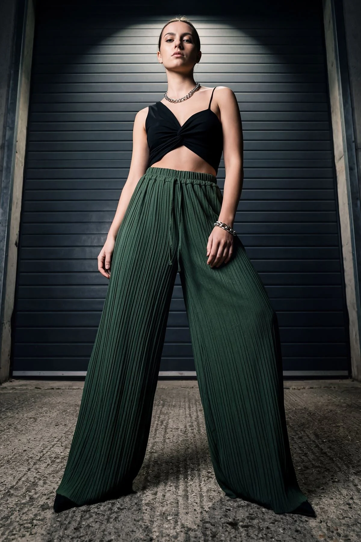 Plain Pleated Wide Leg Trousers with Elasticated Waistband