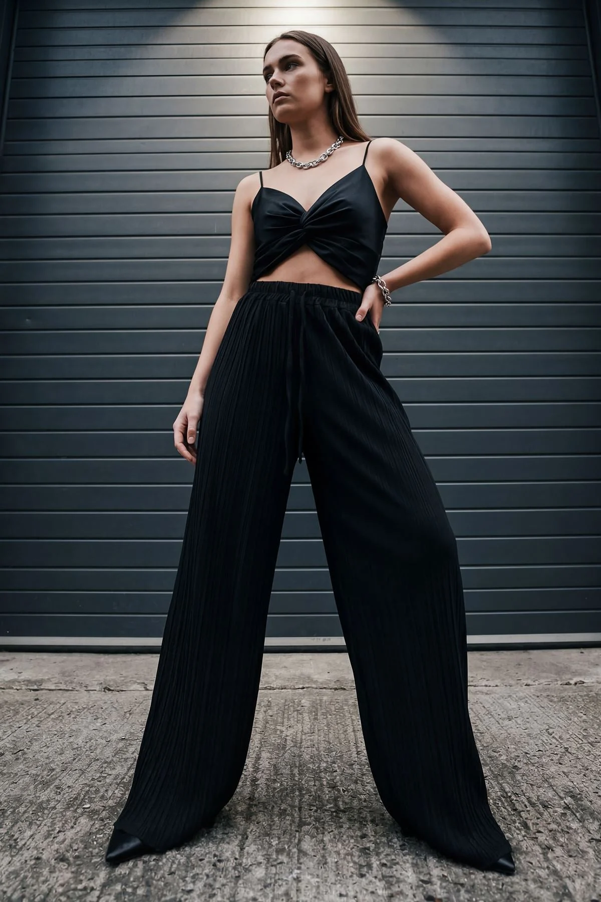 Plain Pleated Wide Leg Trousers with Elasticated Waistband