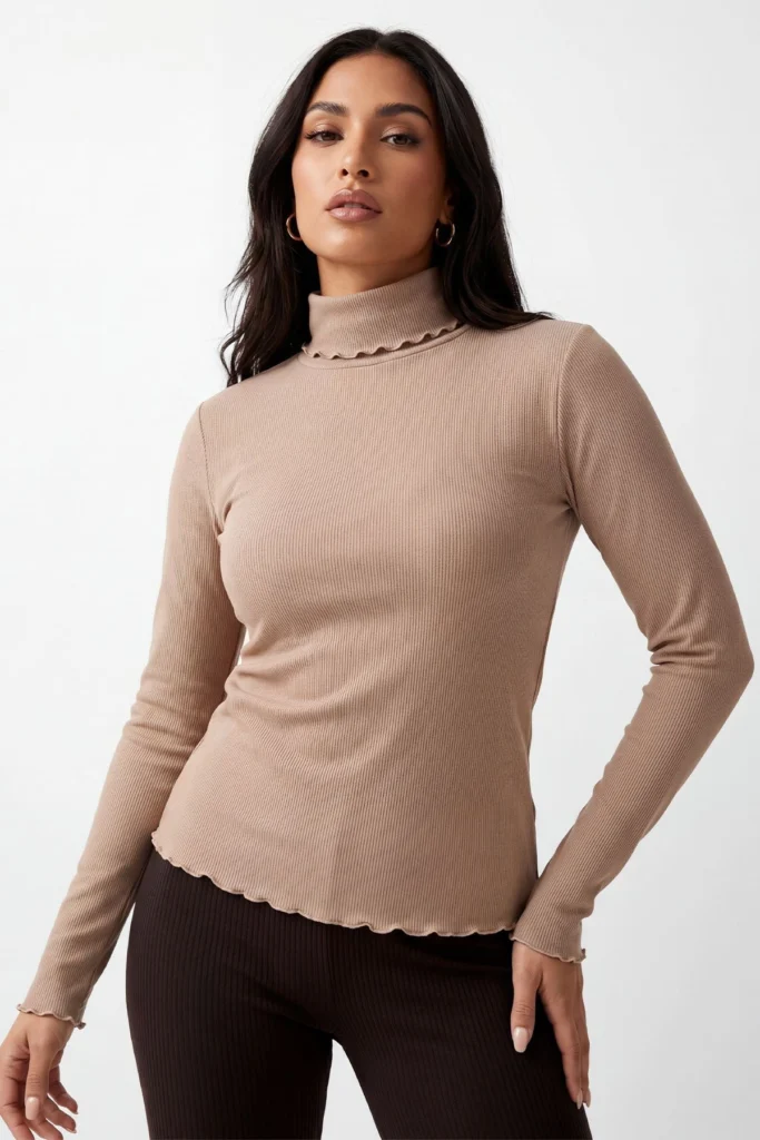 Plain Ribbed Knit Jumper with High Neck Design