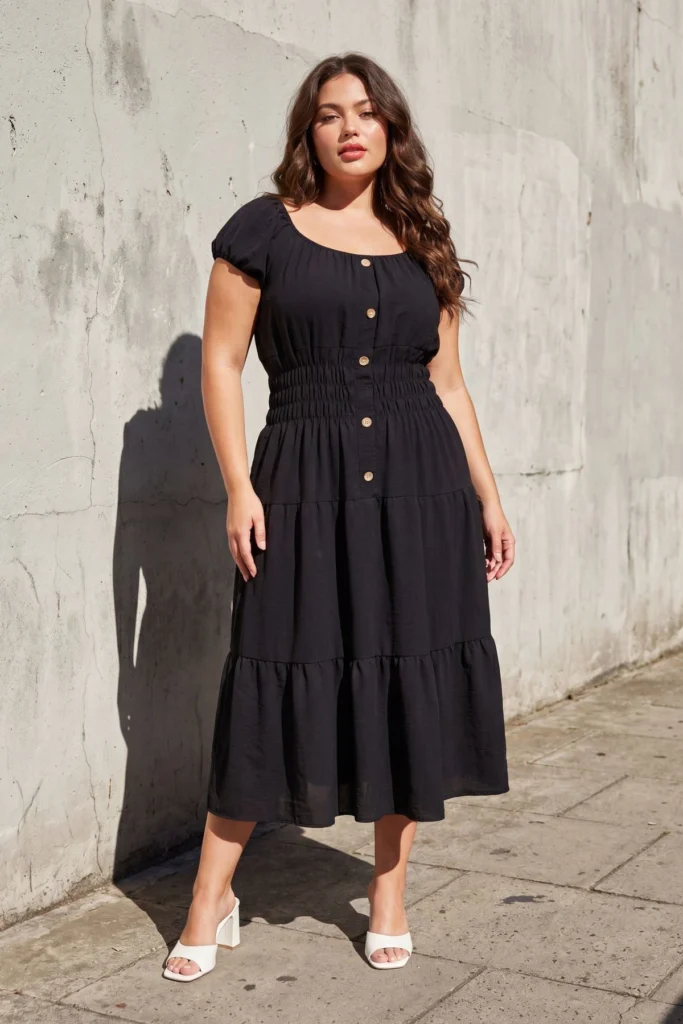 Plain Tiered Dress with Shirred Waist Detail