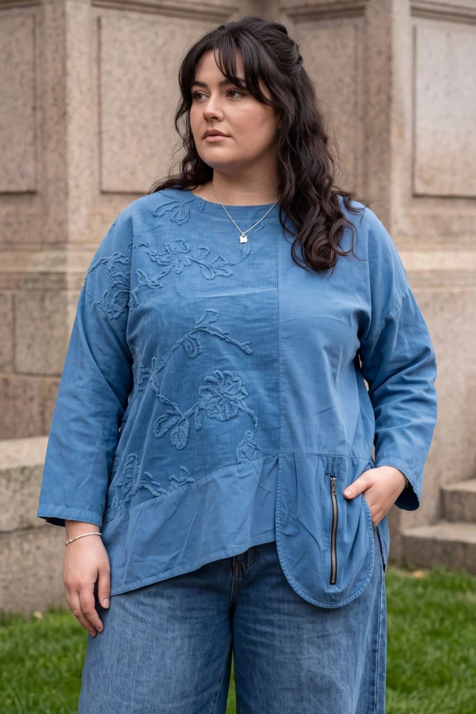 Plus Size Floral Textured Asymmetric Cotton Top