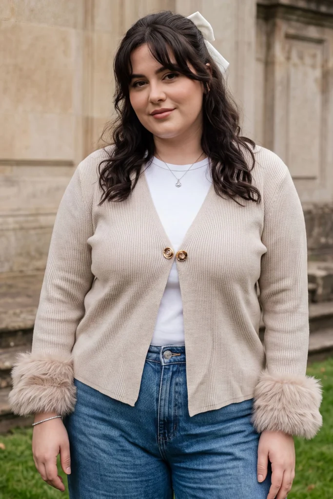 Plus Size Knitted V Neck Faux Fur Cuff Cardigan